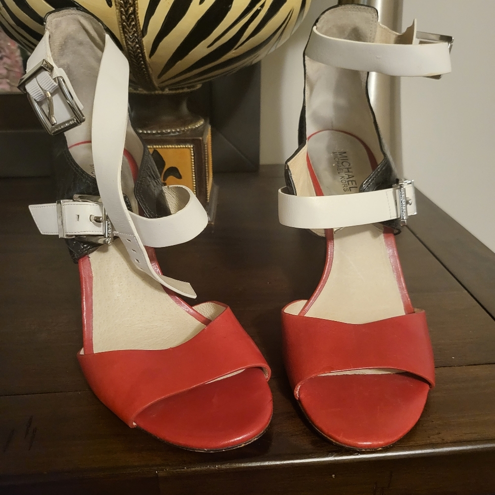 Michael Kors Stiletto Heels, Red, Black & White, Leather Upper, 4" Heels